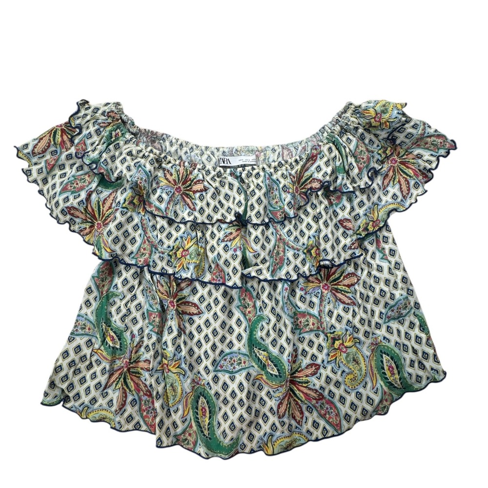 Zara Babydoll Top Womens Small Paisley Ruffled Romantic Off-Shoulder Coquette S